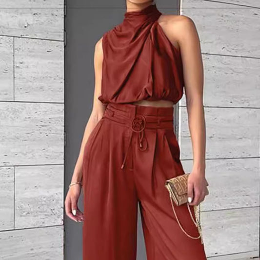 Casual Sleeveless Top And Wide Leg Pants Set
