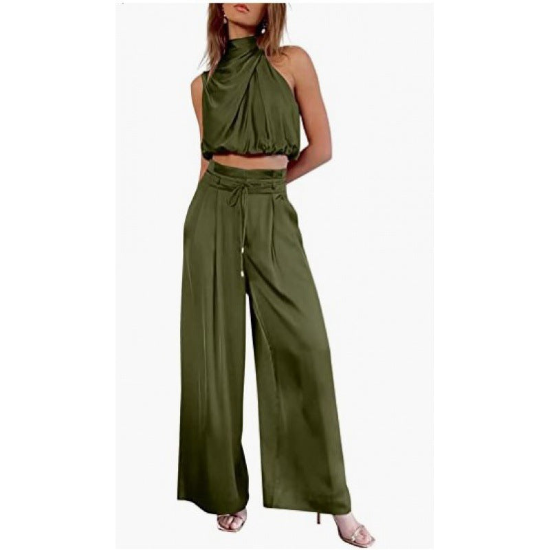 Casual Sleeveless Top And Wide Leg Pants Set