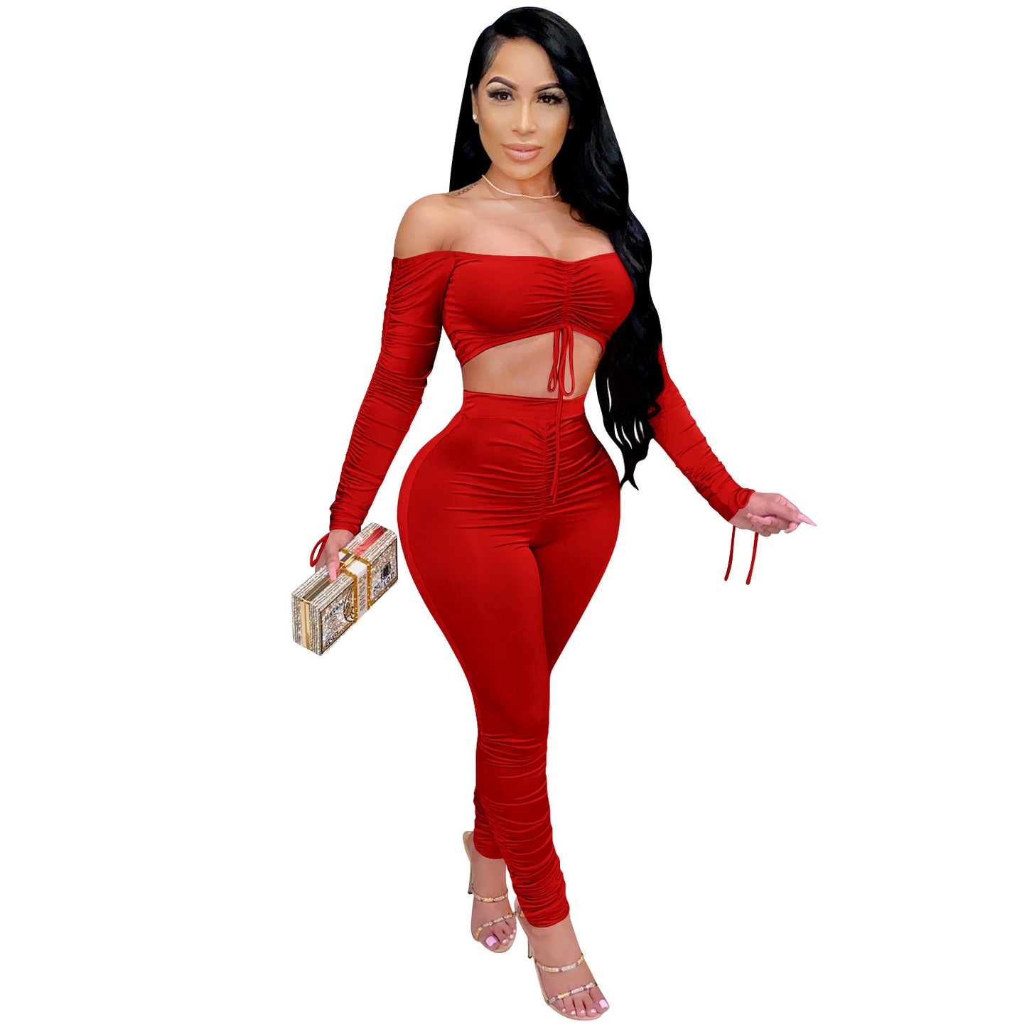 Pleated Off-shoulder Drawstring Oversleeves Lace-up