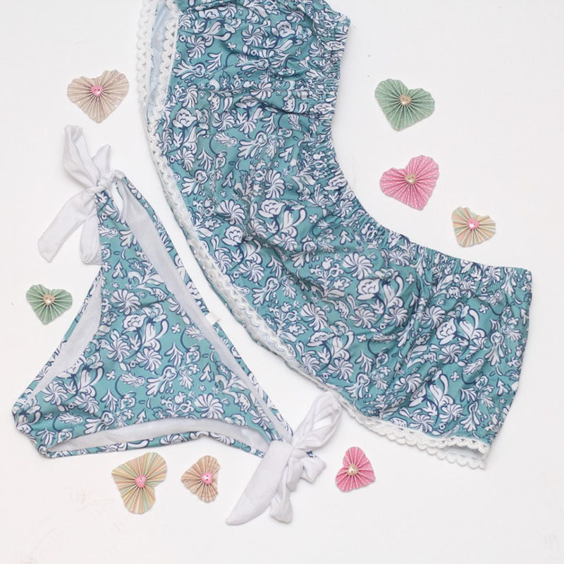 Light Blue Floral Pattern Strapless Off Shoulder Women Sexy Slit Bikini