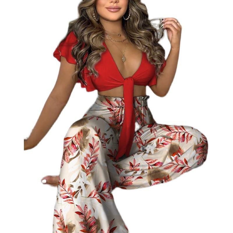 Printed Trousers Lace Up Top Suit