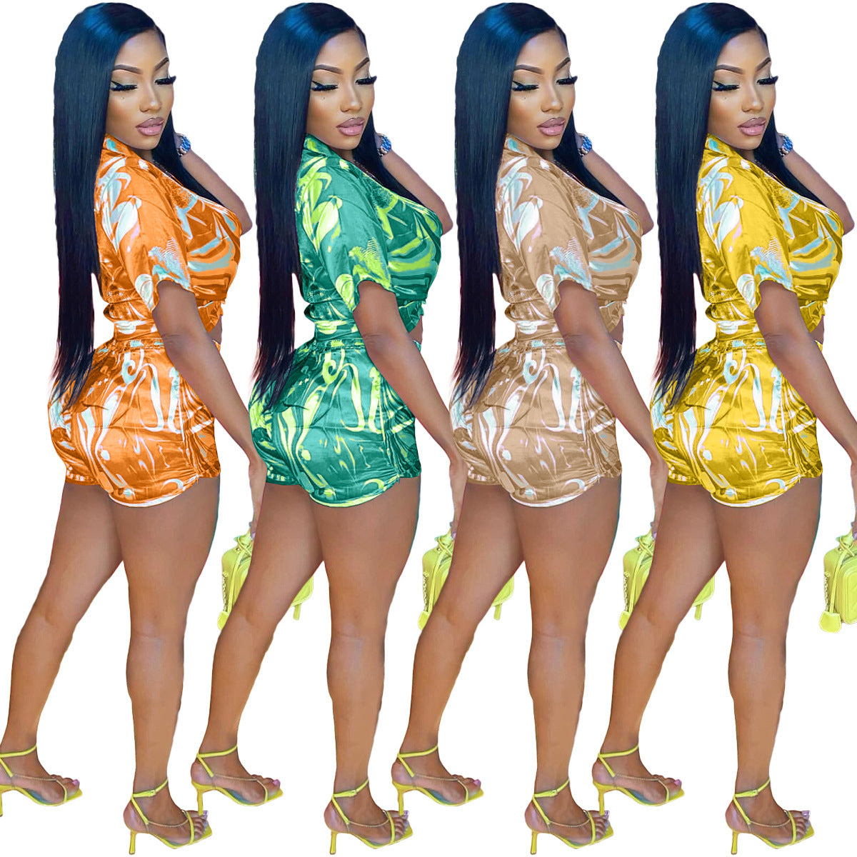 Satin Printed Shirt Short Two-piece Set