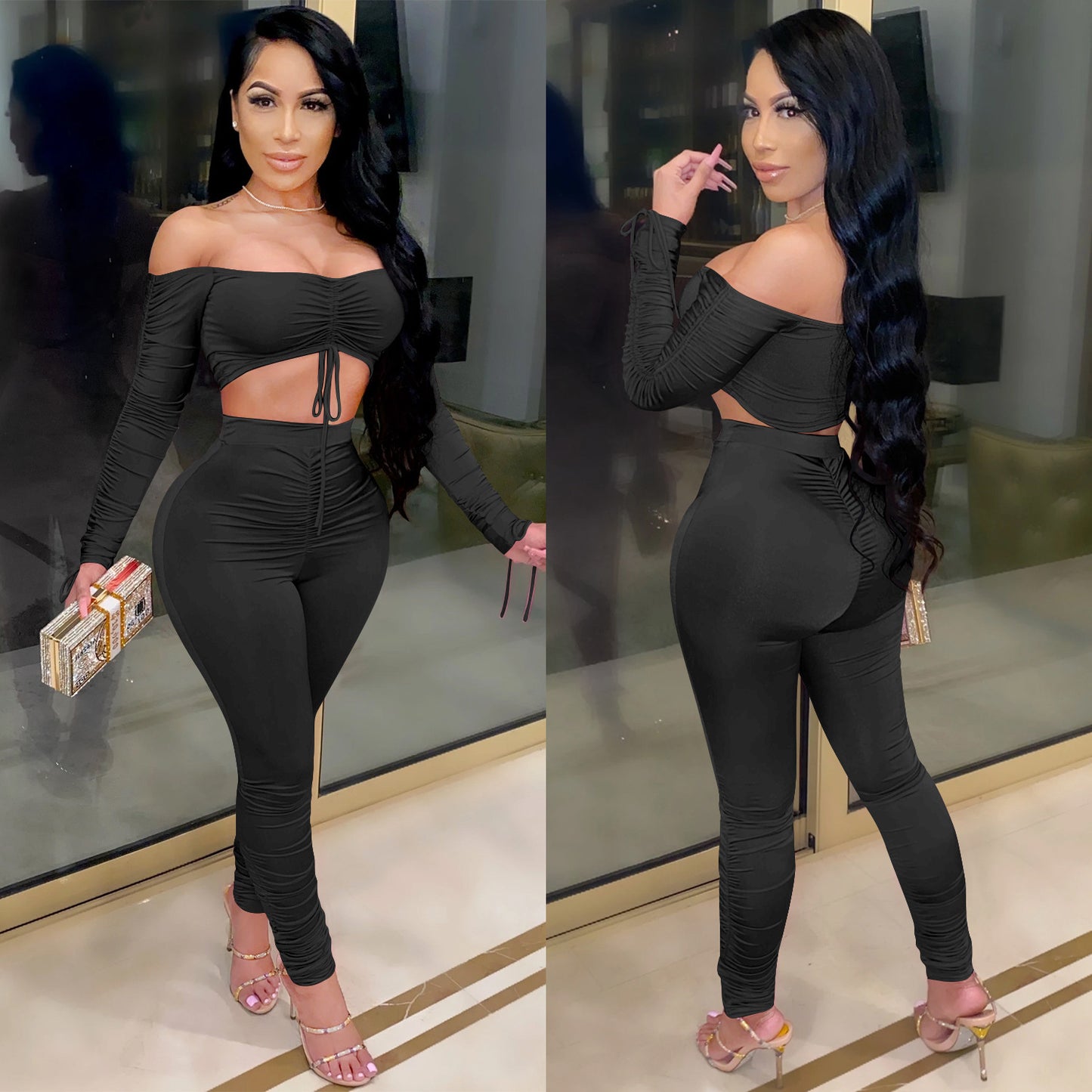 Pleated Off-shoulder Drawstring Oversleeves Lace-up