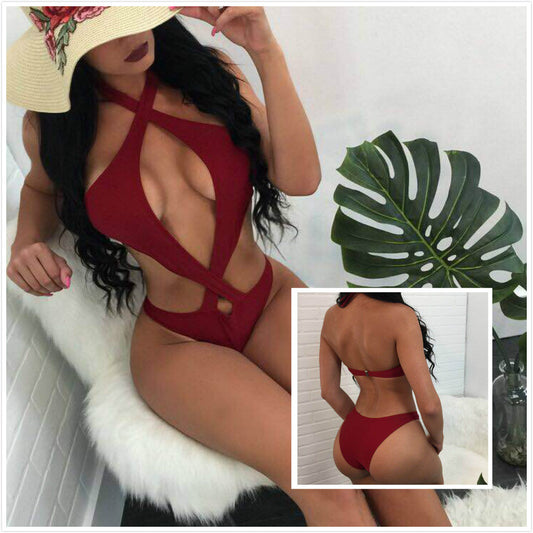 Halter Cross Design Solid Color Bikini