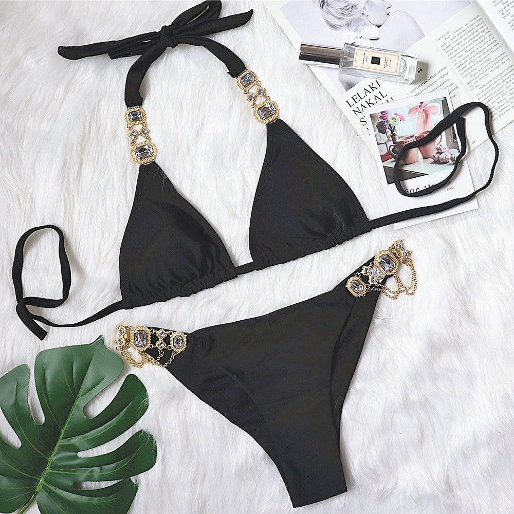 Purple Halter Crystal Diamond Bikini Female Swimsuit Women Swimwear Rhinestone Bikini