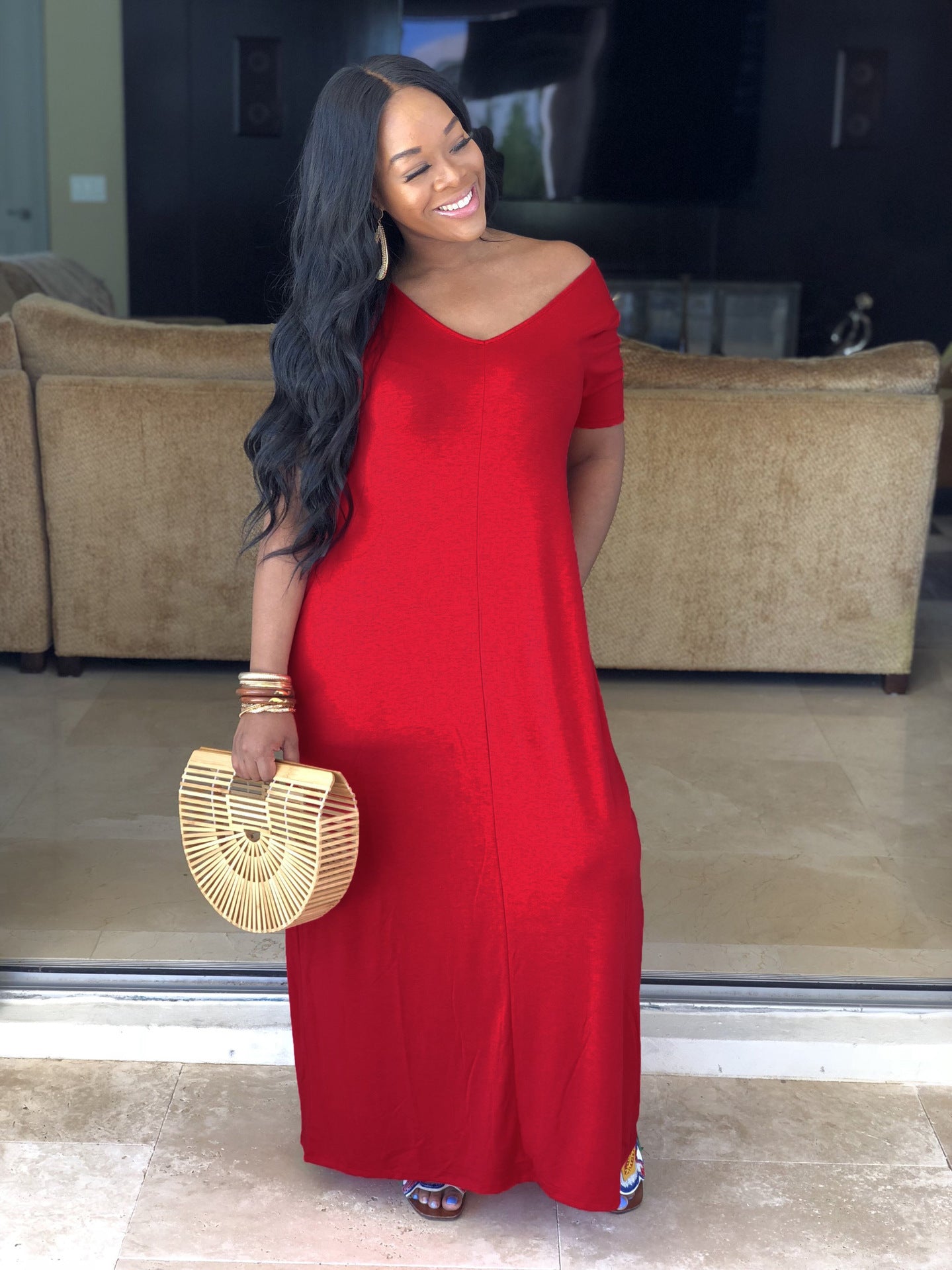 Beautiful Sexy Solid Color Wide-neck Dress
