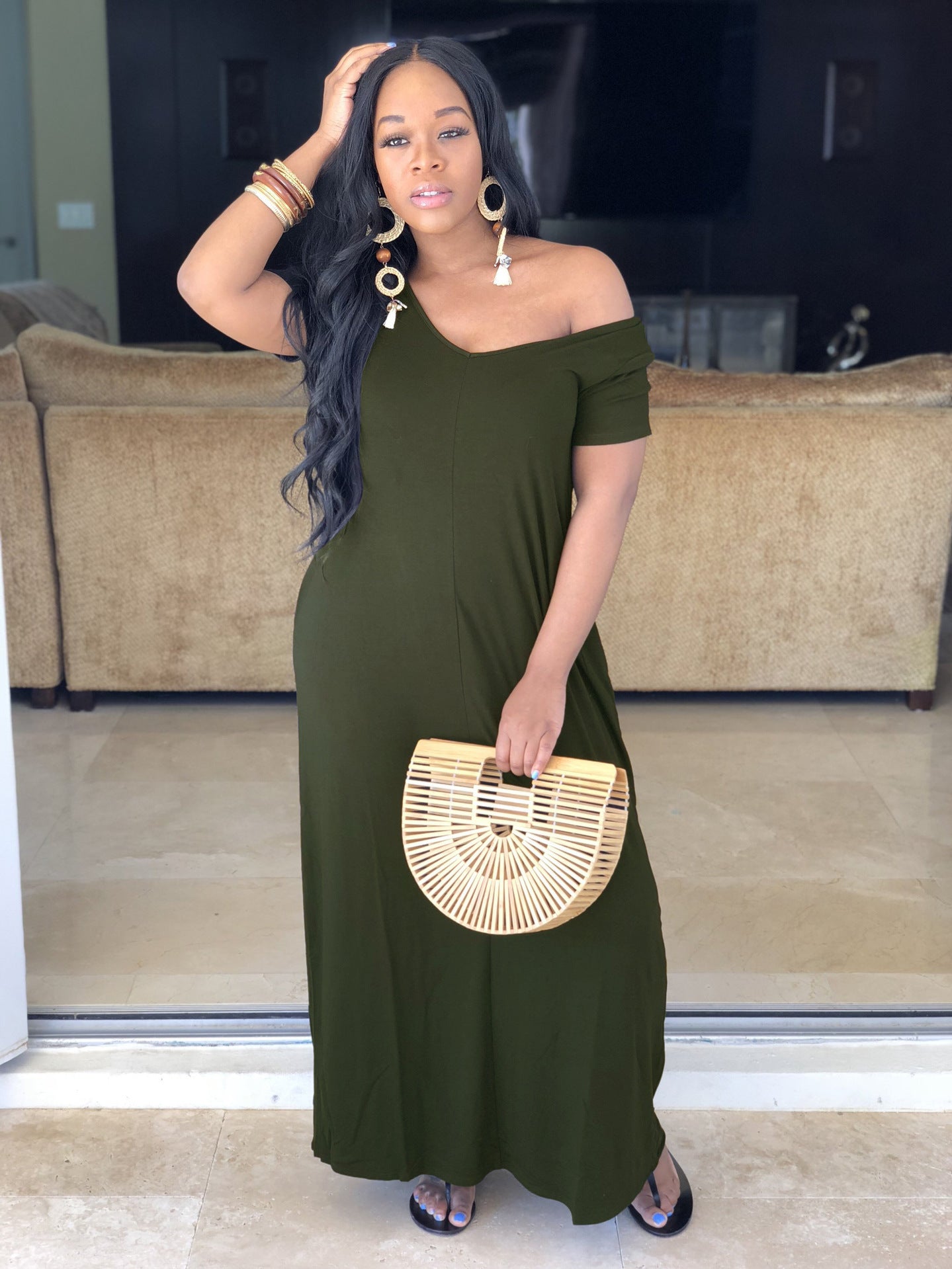 Beautiful Sexy Solid Color Wide-neck Dress