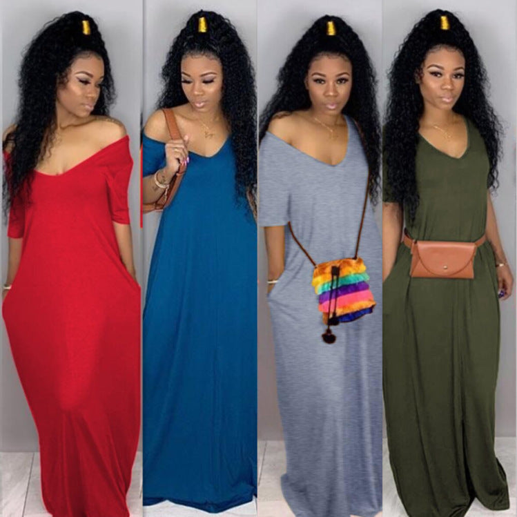 Beautiful Sexy Solid Color Wide-neck Dress