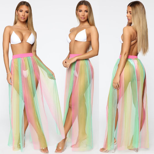 Women Bikini Cover Up Swimwear Mesh Sheer Beach Maxi Wrap Skirt Sarong Pareo One Piece Summer Bathing Suit Swimsuit