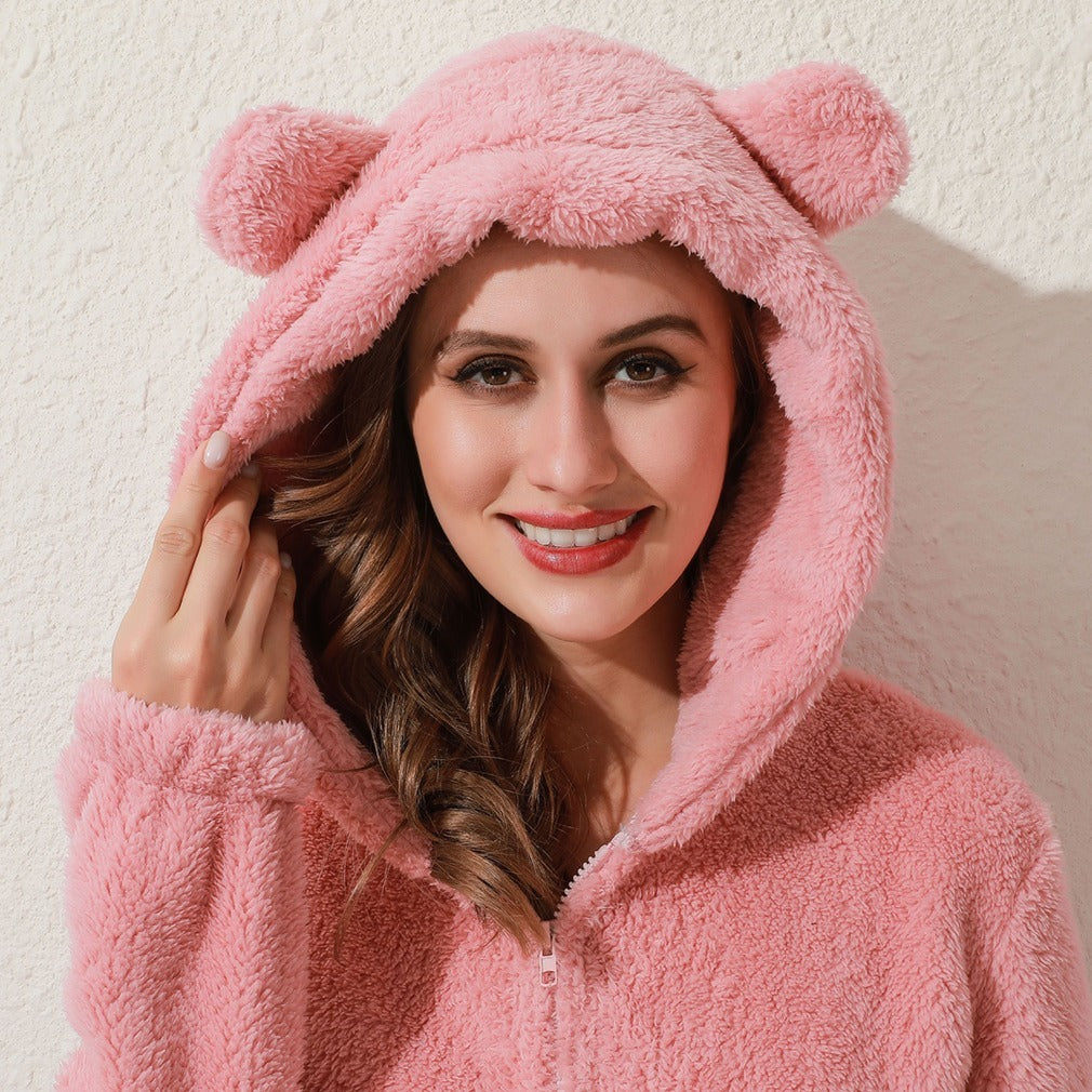 New Autumn And Winter Style One-Piece Pajamas Plus Velvet Thickening Pajamas Plush Hoodie Women