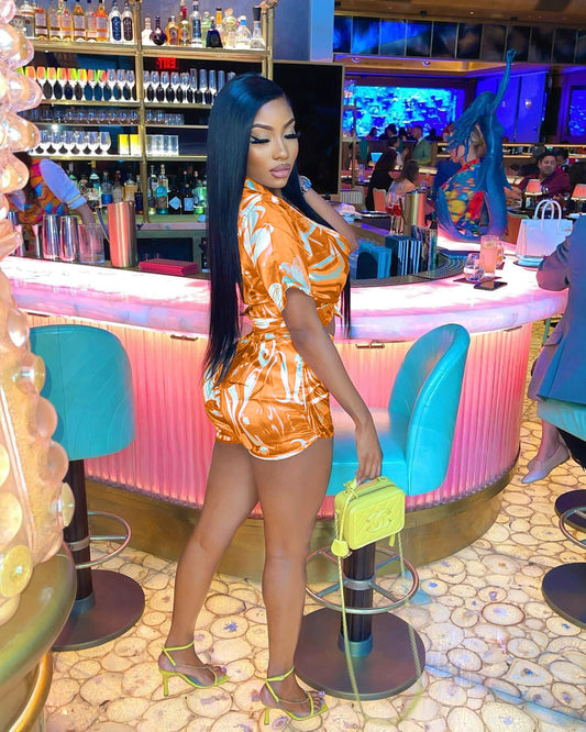 Satin Printed Shirt Short Two-piece Set