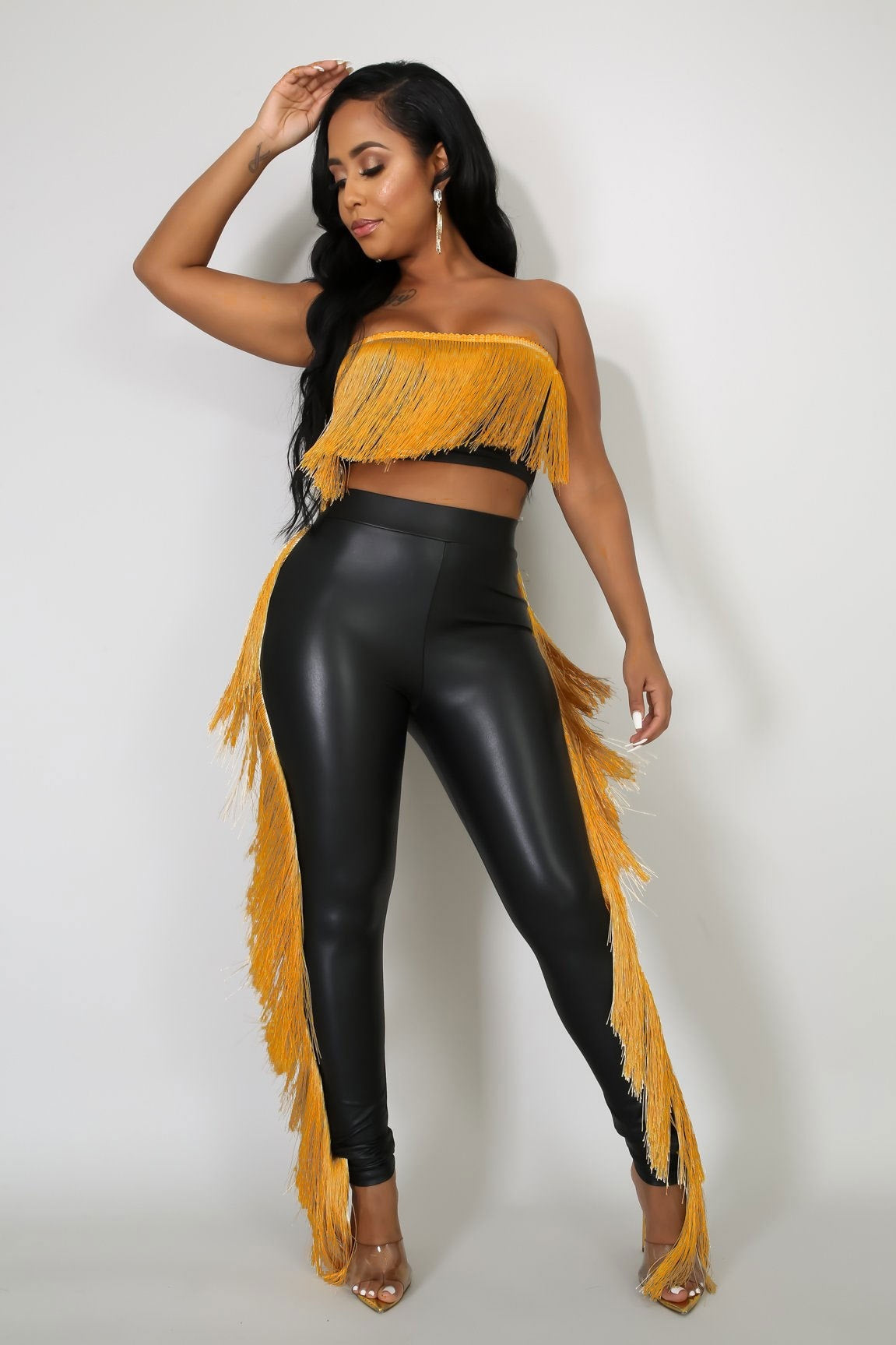 Sexy Bandeau Tassels Slim-fit Trousers Two-piece Set Nightclub Attire