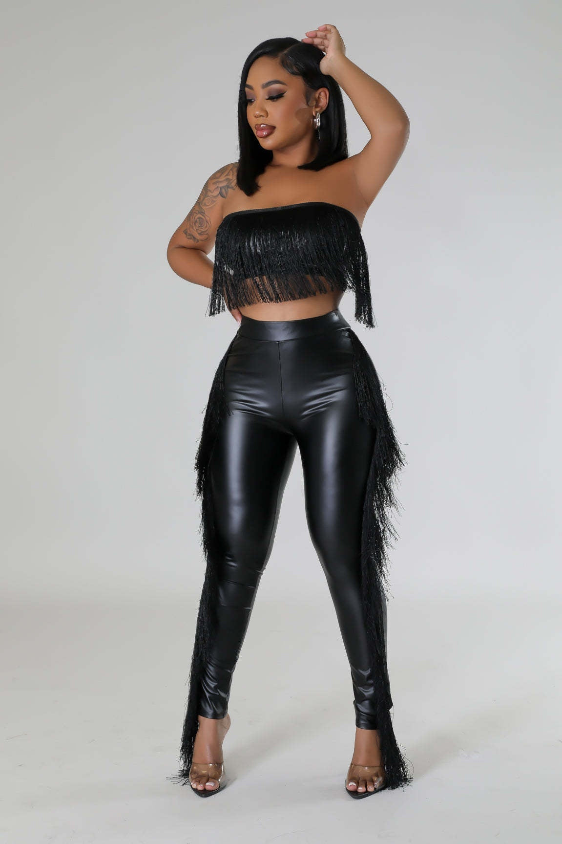Sexy Bandeau Tassels Slim-fit Trousers Two-piece Set Nightclub Attire