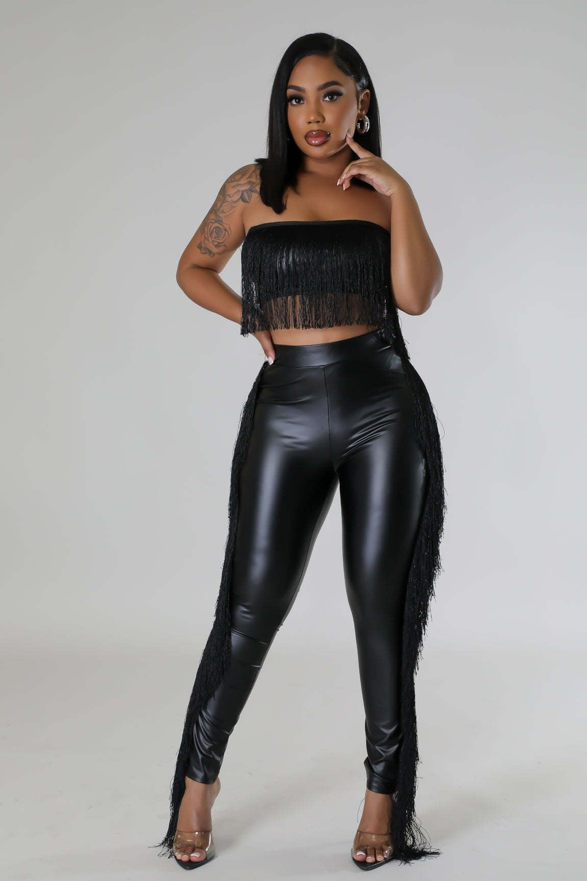 Sexy Bandeau Tassels Slim-fit Trousers Two-piece Set Nightclub Attire