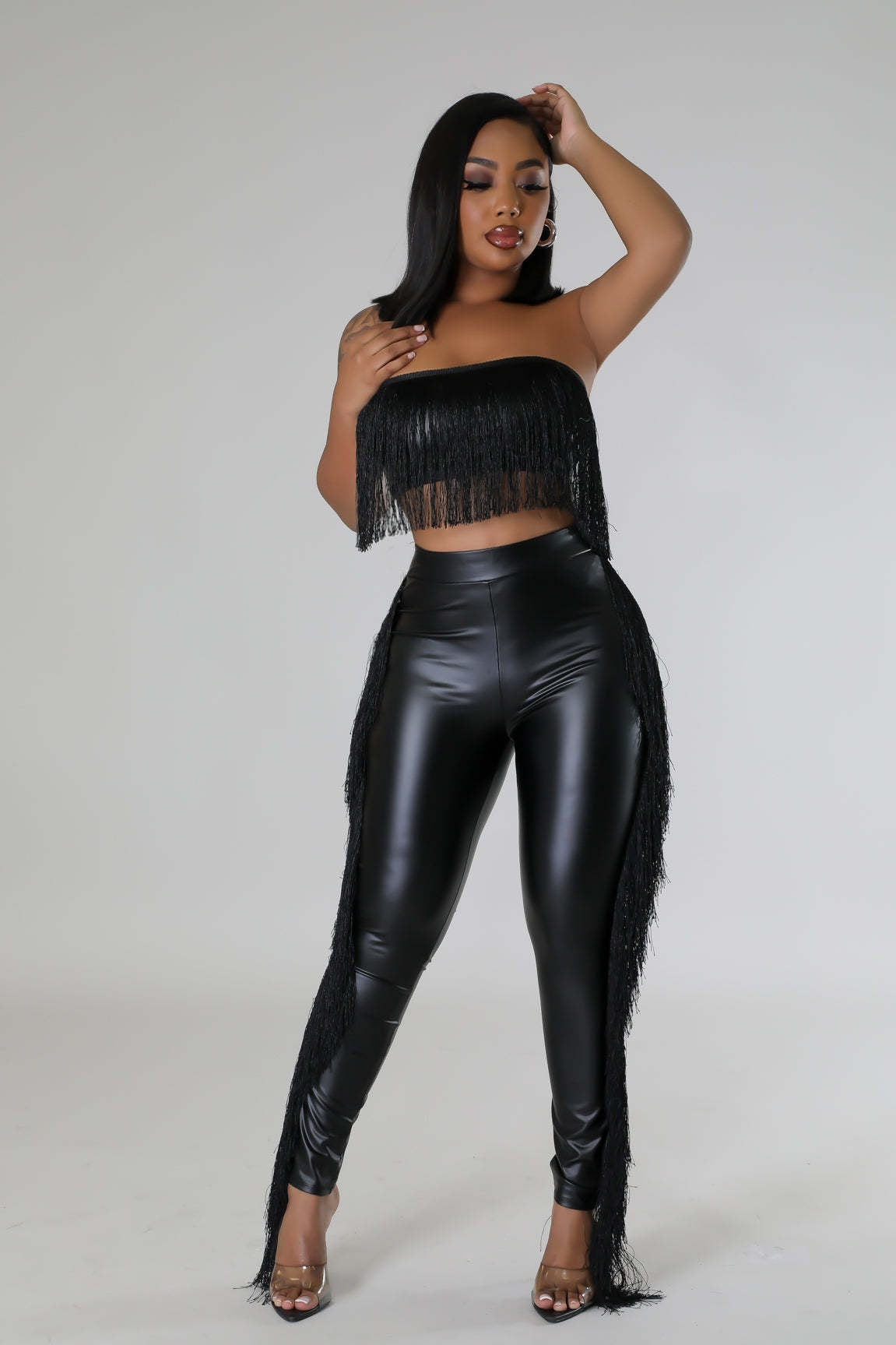 Sexy Bandeau Tassels Slim-fit Trousers Two-piece Set Nightclub Attire
