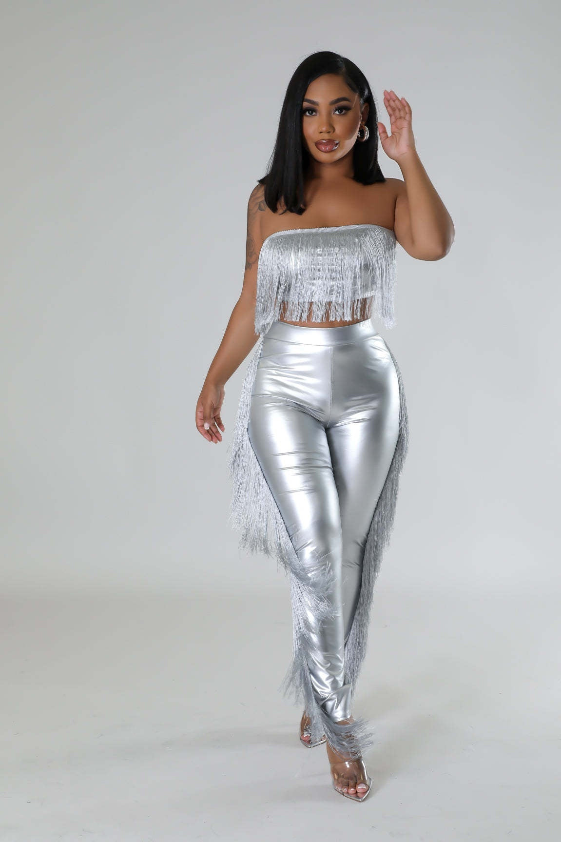 Sexy Bandeau Tassels Slim-fit Trousers Two-piece Set Nightclub Attire