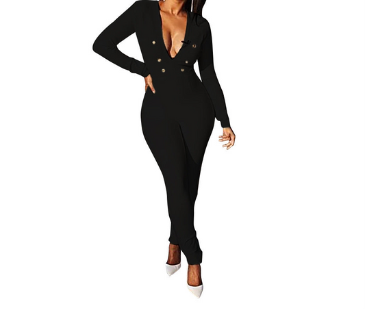 Long Sleeves V Kneck Gold button Design Jumpsuit