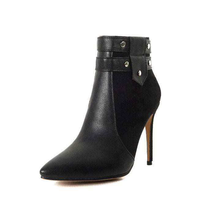 Retro Thin High Heels Buckle Strap Rivets Ankle Stiletto Boots