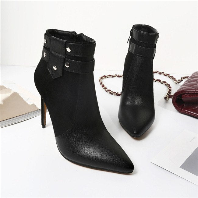 Retro Thin High Heels Buckle Strap Rivets Ankle Stiletto Boots