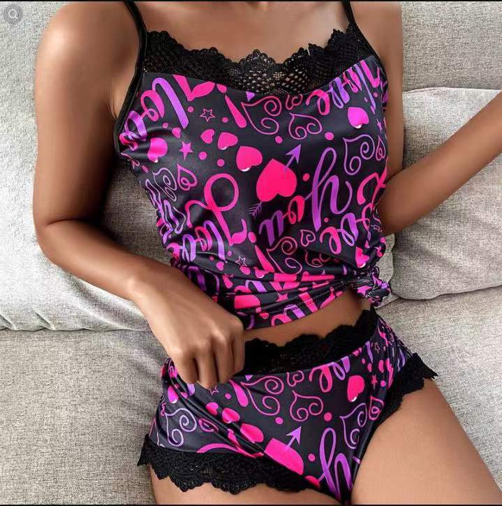 Printed Lace Lace Spaghetti-strap Two-piece Pajamas Women
