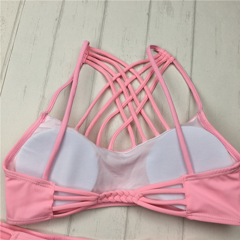Bikinis Sexy pink bandage cut out Halter bikini swimsuit women cross Women's swimwear