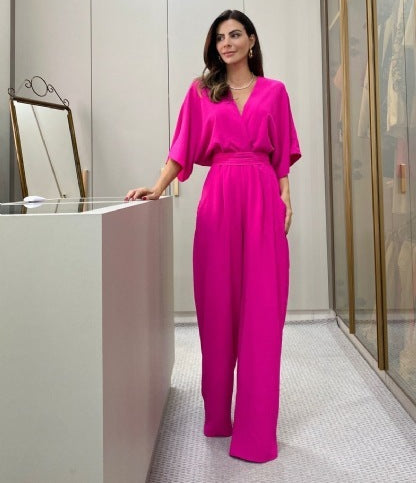 Short-sleeved V-neck Batwing Jumpsuit - Branpairriel Clothing Store