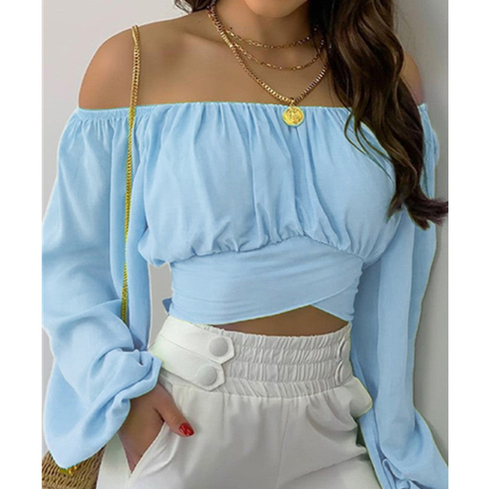 Long-sleeved Lantern Sleeves Solid Color Short-sleeved One-way Neck V-neck Women's Clothing - Branpairriel Clothing Store