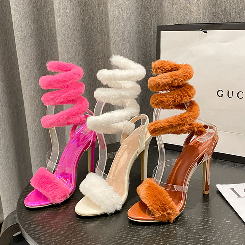 Open-toe Fur High-heeled Sandals