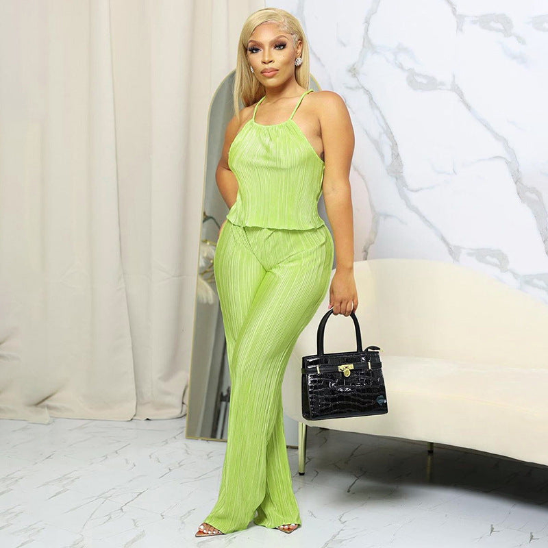 Pleated Solid Color Sling Top Wide Leg Trousers Casual Suit