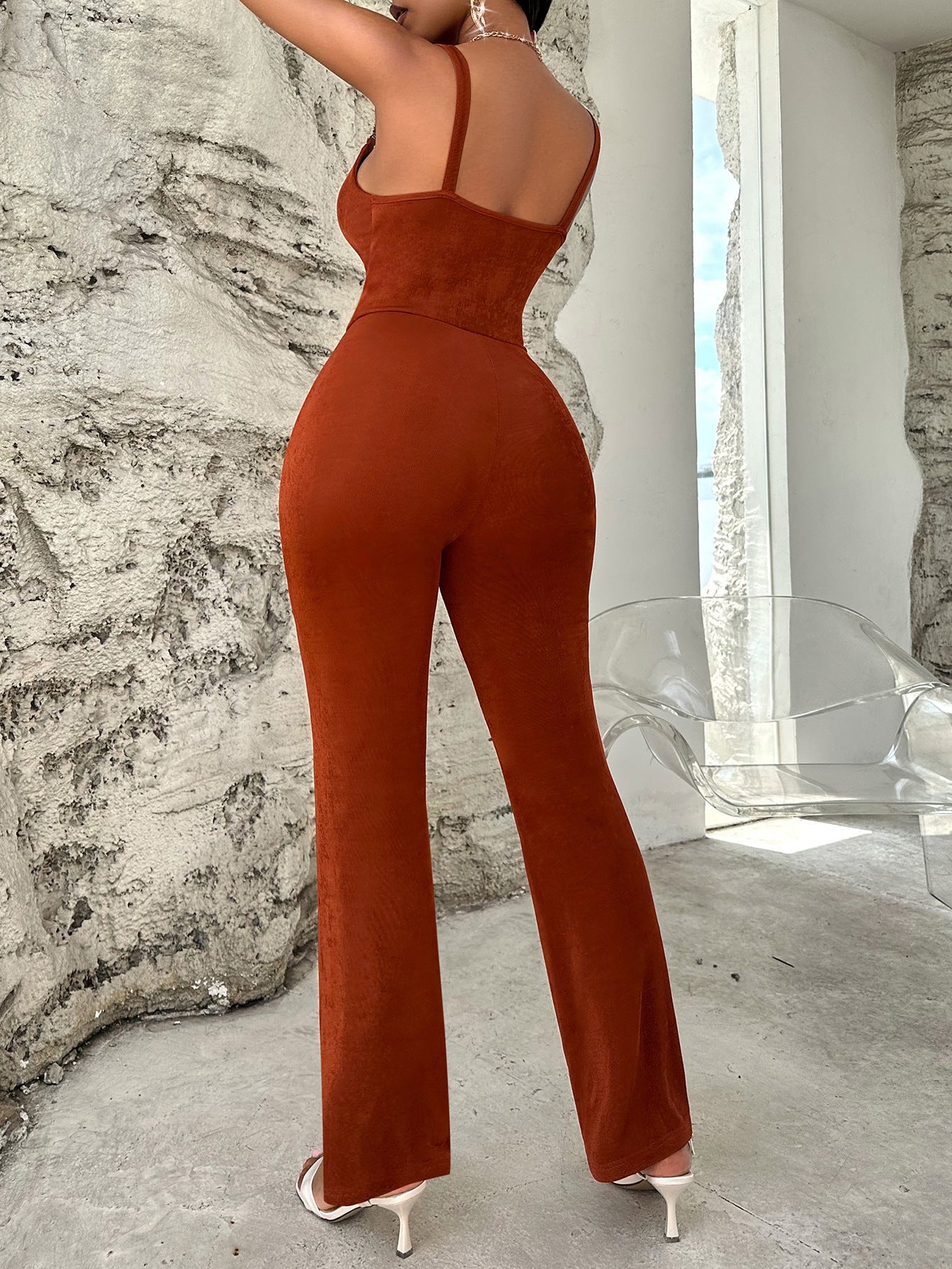 WoCasual Style Solid Color Sling Metal Jumpsuit