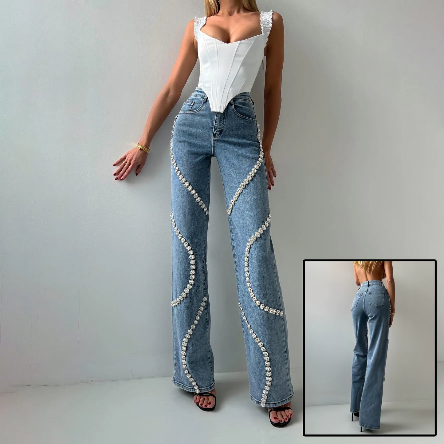 Loose Straight Leg Casual Pants With A Rhine Stone Denim Design