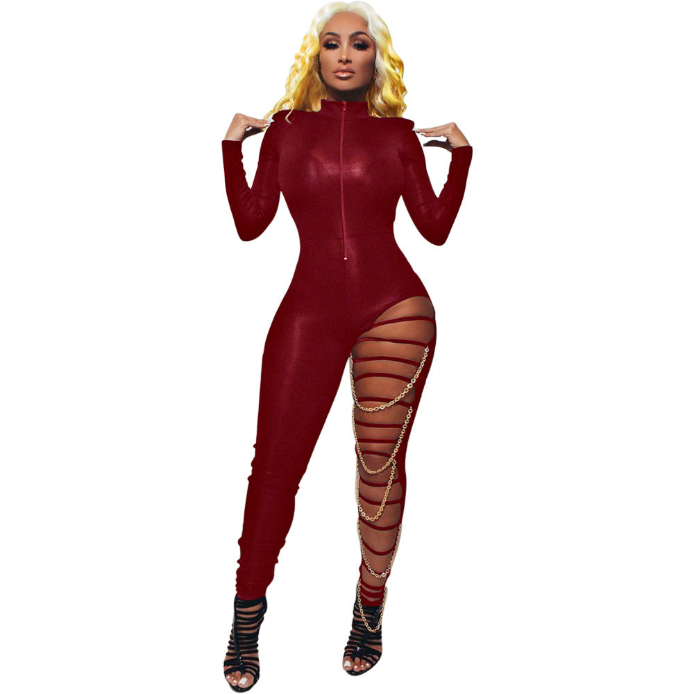 Deep V Chain Slim Fit Coveralls Nightclub Clothing