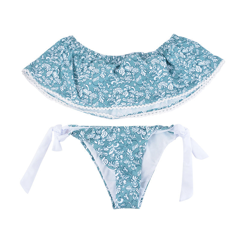 Light Blue Floral Pattern Strapless Off Shoulder Women Sexy Slit Bikini