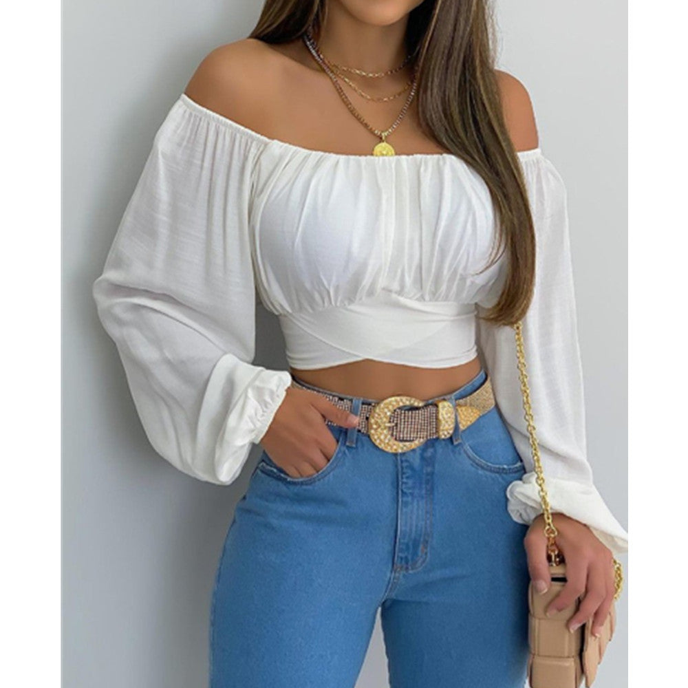 Long-sleeved Lantern Sleeves Solid Color Short-sleeved One-way Neck V-neck Women's Clothing - Branpairriel Clothing Store