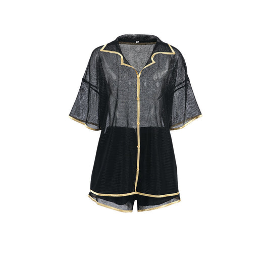 See-through Cardigan Pajamas Two-piece Set For Women