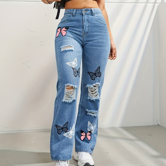 High Waisted Straight Leg Jeans Trendy Butterfly Print Ripped Distressed Denim Pants