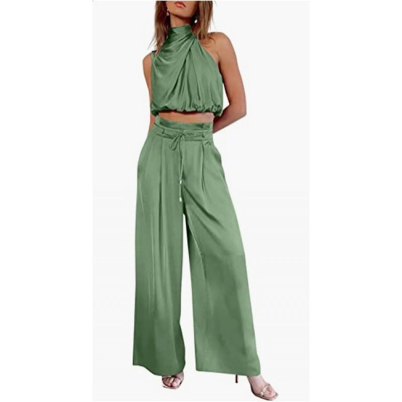 Casual Sleeveless Top And Wide Leg Pants Set