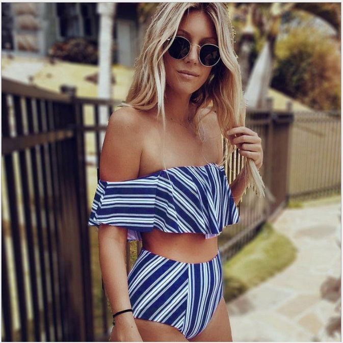 Sexy White Black Striped High Waist Biquini