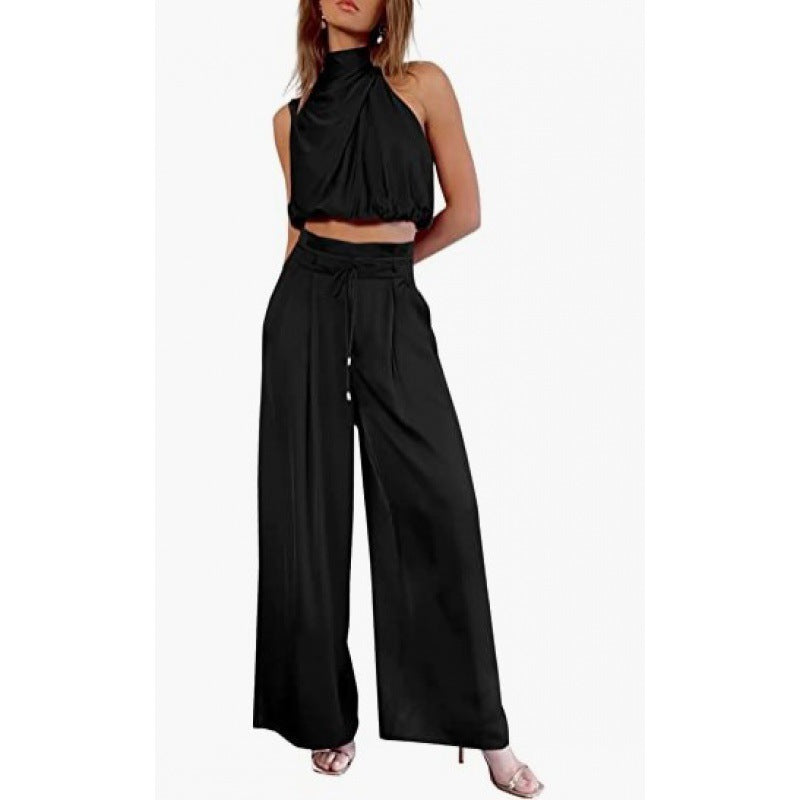 Casual Sleeveless Top And Wide Leg Pants Set