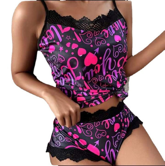 Printed Lace Lace Spaghetti-strap Two-piece Pajamas Women