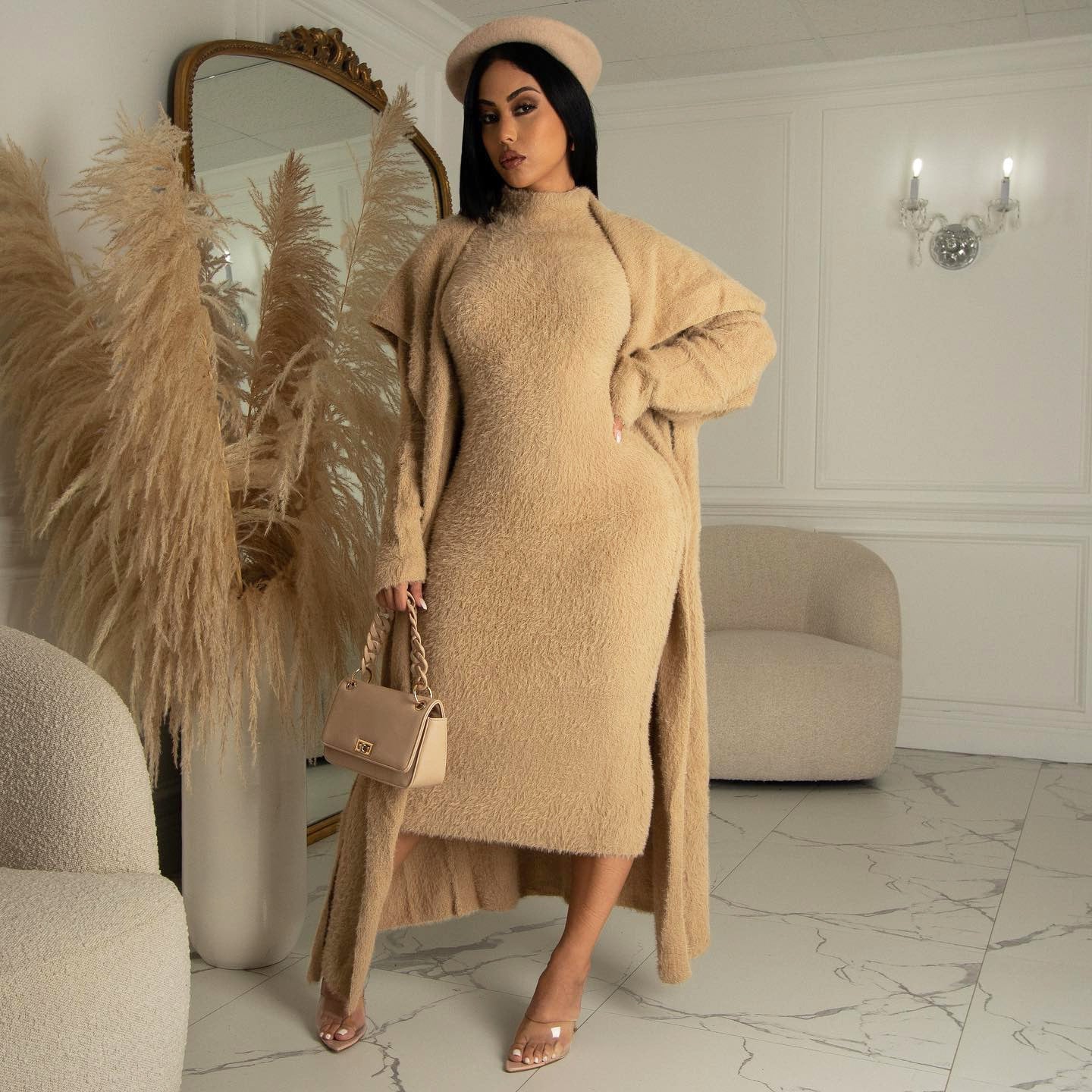 Elegant Dress Long Cardigan Velvet Two-piece Suit