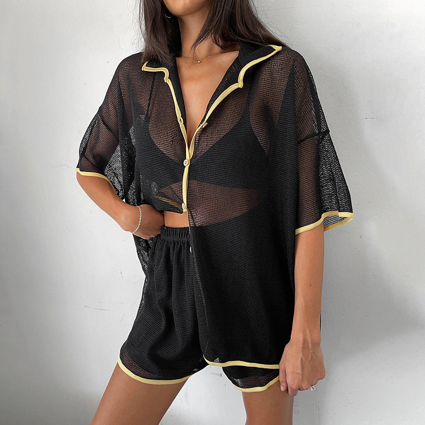 See-through Cardigan Pajamas Two-piece Set For Women