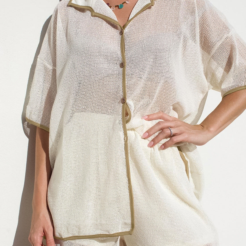 See-through Cardigan Pajamas Two-piece Set For Women