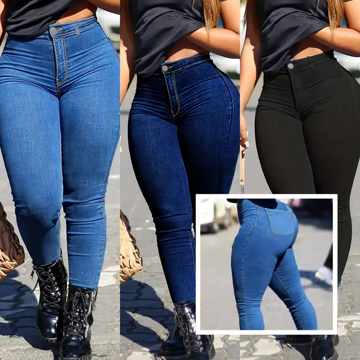 Spring Autumn Women's Skinny Fit Denim Jeans Solid Color High Waist Pencil Pants