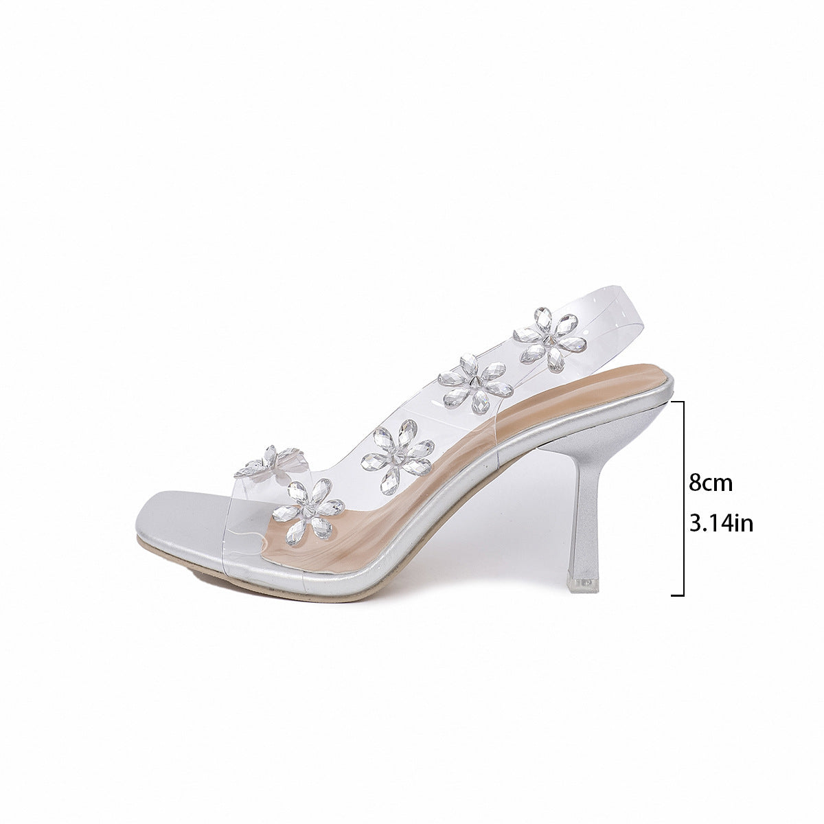 New SanTransparent PVC Rhinestone Flowers Slingback Pumps Elegant Square Toe