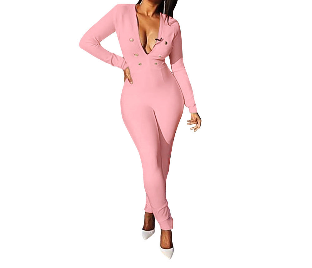 Long Sleeves V Kneck Gold button Design Jumpsuit