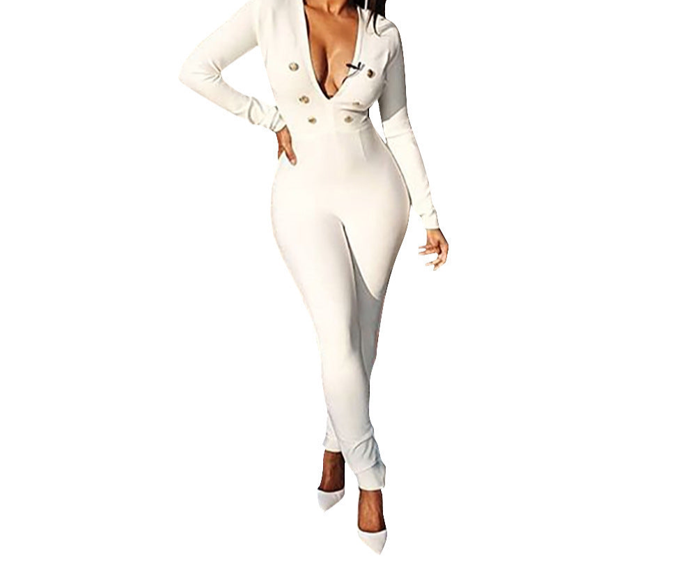 Long Sleeves V Kneck Gold button Design Jumpsuit
