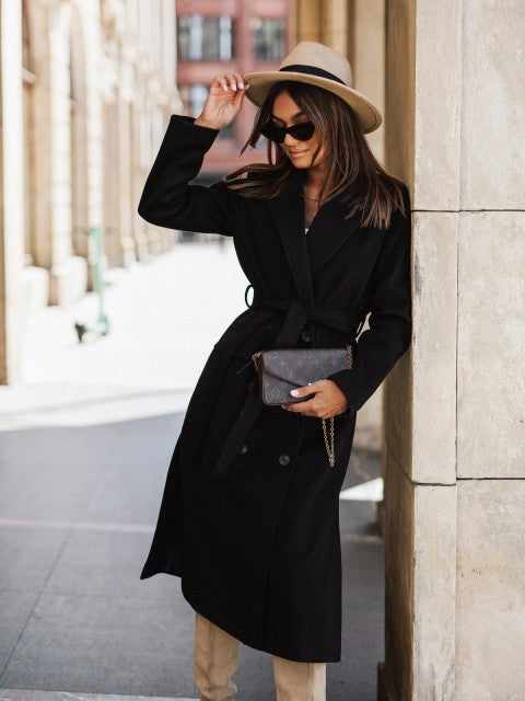 Minimalist Long Sleeve Suit Collar Strap Woolen Coat Women's Clothing - Branpairriel Clothing Store