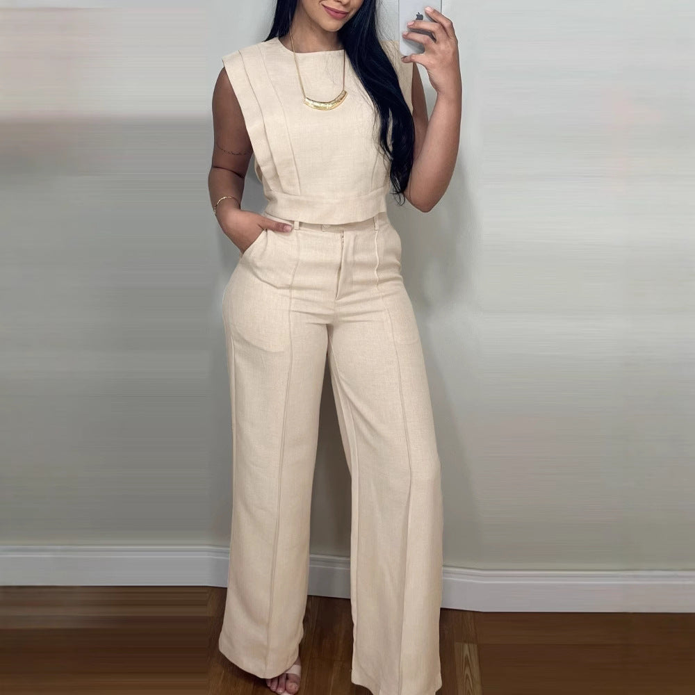 Summer Sleeveless Suit Fashion Round Neck Vest Top And Pocket Straight Pants Casual Trousers Set