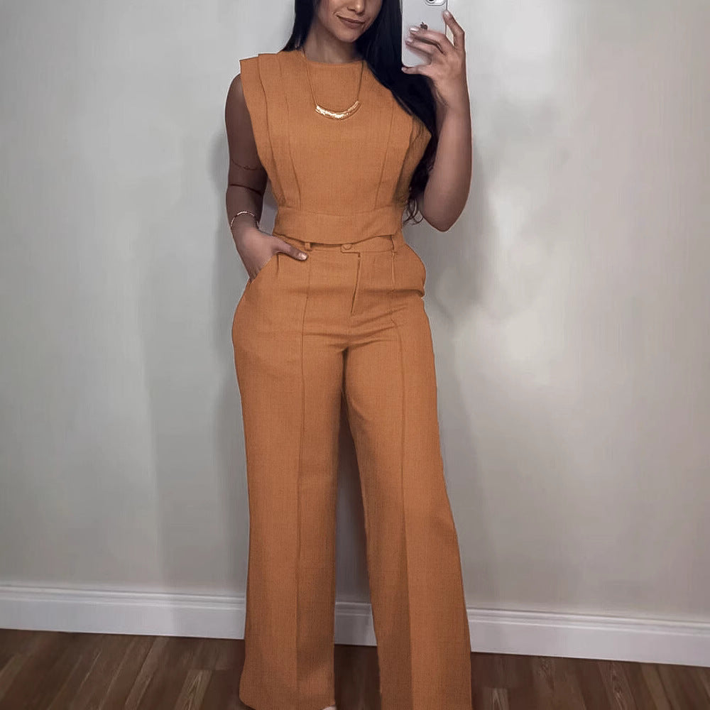 Summer Sleeveless Suit Fashion Round Neck Vest Top And Pocket Straight Pants Casual Trousers Set